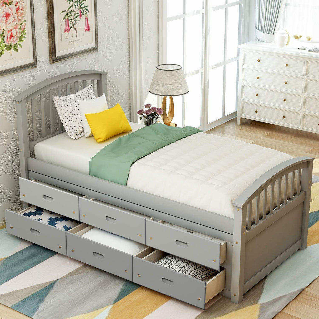 Merax Platform Storage Bed Solid Wood Bed with 6 Drawers Twin Size