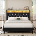 HOMBCK Queen Size Bed Frames with LED Lights and Headboard, Velvet Upholstered Beds Frames Queen with Charging Station and Storage, Modern Diamond and Rivet Design, No Box Spring Needed, Black