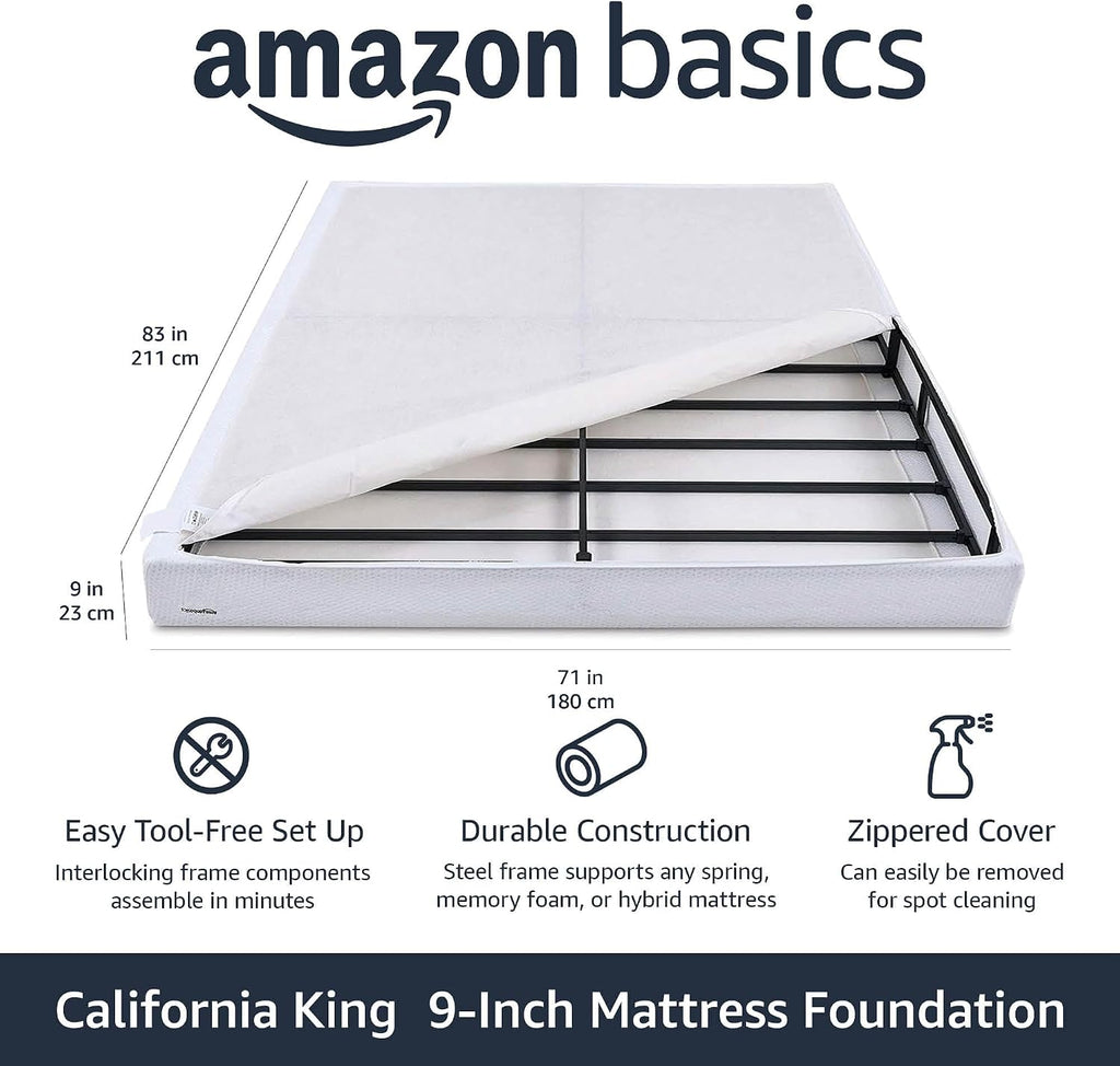 Amazon Basics Smart Box Spring Bed Base, 9-Inch Height Mattress Foundation, Tool-Free Easy Assembly, Metal Frame, Cal King, 83' x 71' x 9', White