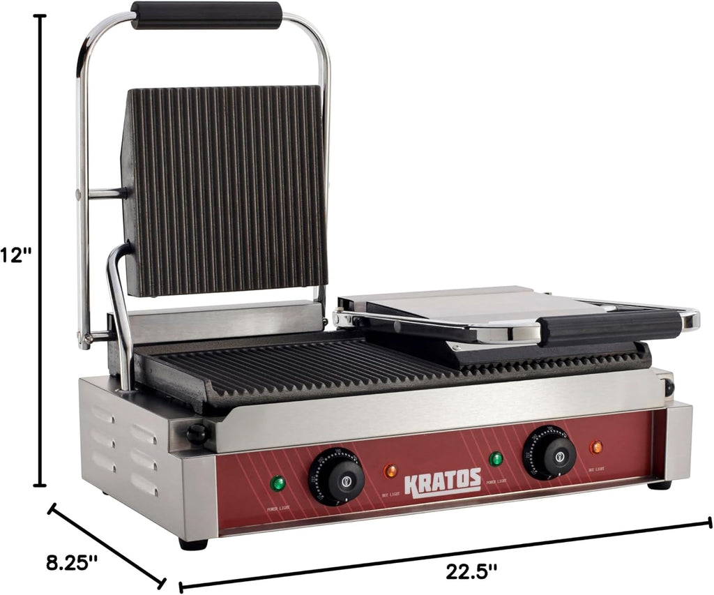 Kratos Commercial Electric Panini Sandwich Grill with Grooved Plates, 18.7' x 9' Cooking Surface, Commercial Countertop Panini Press, 120V, 3500W (29Y-023)