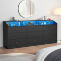 Gyfimoie 9 Drawers Dresser for Bedroom with Power Outlet, Chest of Drawers with LED Light, Modern Dressers with Open Storage Cubby, Triple Wide Dressers Organizer for Living Room (Black-)