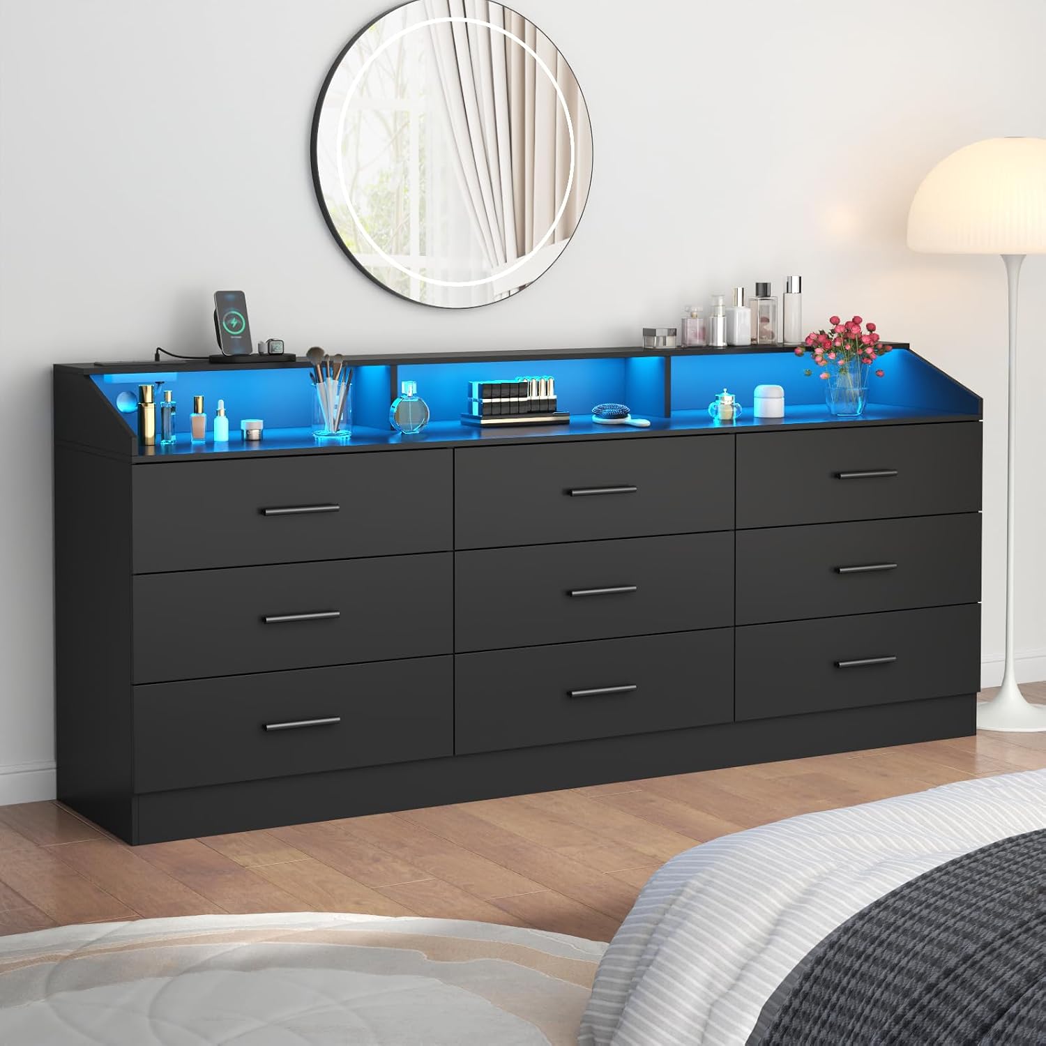 Gyfimoie 9 Drawers Dresser for Bedroom with Power Outlet, Chest of Drawers with LED Light, Modern Dressers with Open Storage Cubby, Triple Wide Dressers Organizer for Living Room (Black-)