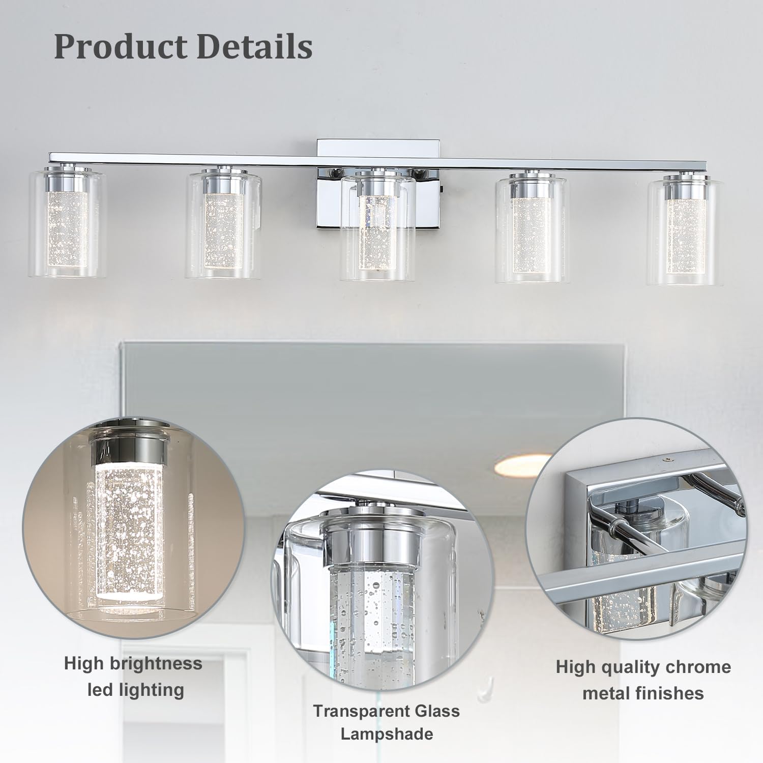 EMONG 5-Light Chrome Bathroom Light Fixtures,Dimmable 5CCT LED Vanity Lights with Clear Glass,2700K-6500K Adjustable Crystal Bubble Bathroom Lights Over Mirror for Hallway,Living Room