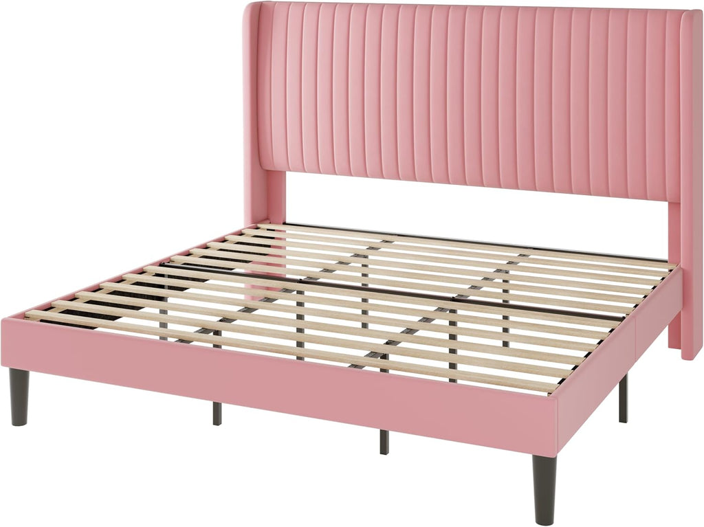 Allewie King Size Velvet Bed Frame/Vertical Channel Tufted Wingback Headboard/Upholstered Platform Bed/Strong Wooden Slats/No Box Spring Needed/Easy Assembly/Pink