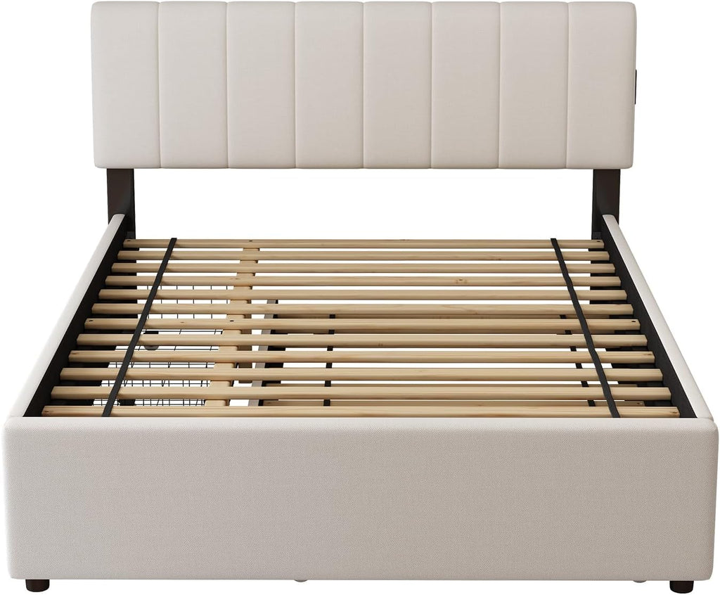 Full Size Upholstered Platform Bed with Trundle,2 Storage Drawers & USB/Type-C Charging,Chenille Fabric Bed Frame with APP-Controlled LED Lights,No Box Spring Needed,800LBS Capacity for Bedroom,Beige