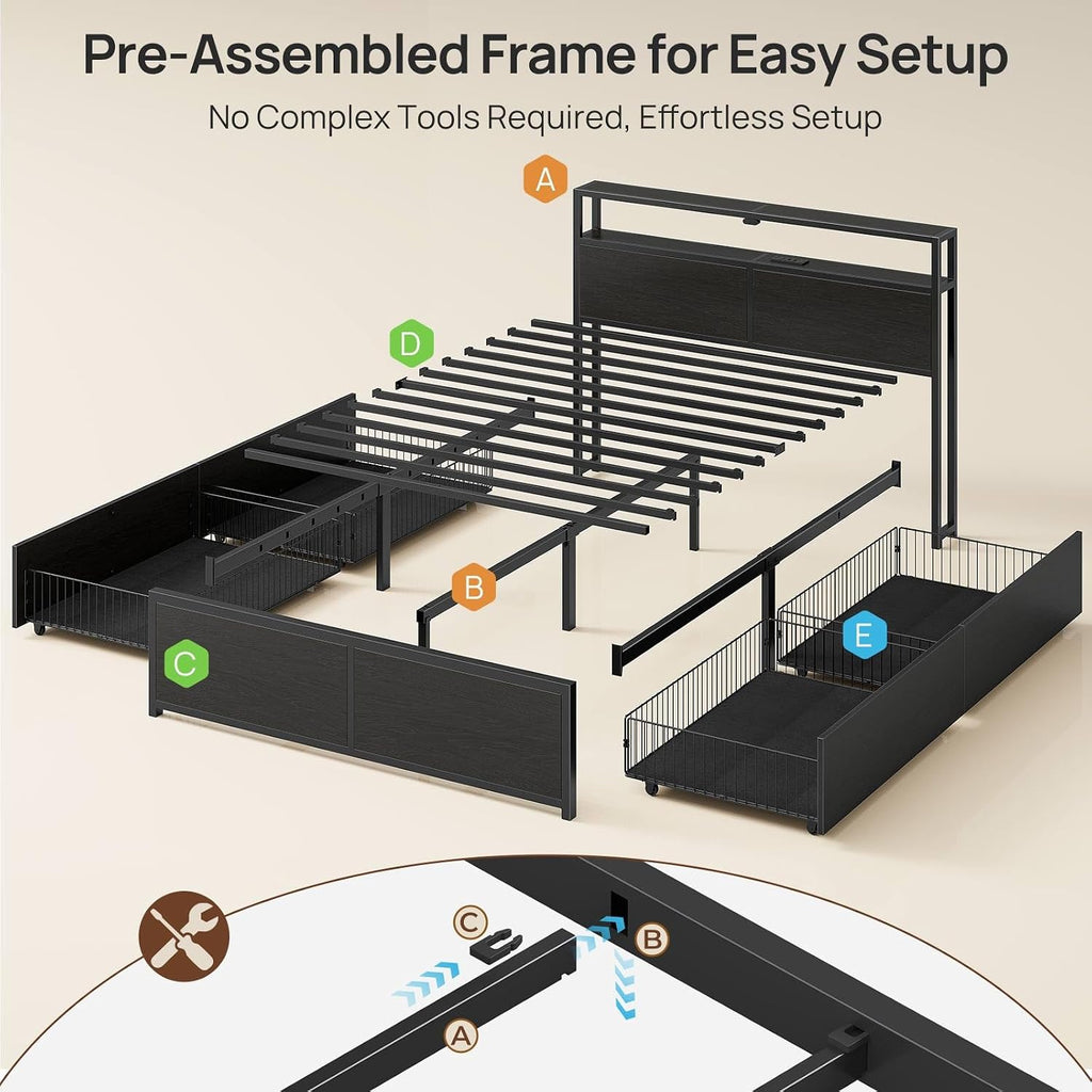 Rolanstar Queen Bed Frame with 4 Storage Drawers, Charging Station and LED Lights, Metal Platform Bed with 2-Tier Storage Headboard, No Box Spring Needed, Easy Assembly, Noise-Free, Black