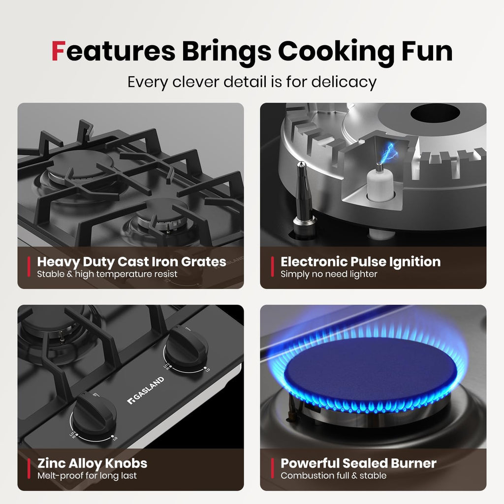 GASLAND 2 Burners Gas Cooktop 12 Inch GH30EF Drop-in Propane Stove Top with Thermocouple Protection, LPG/NG Convertible Dual Fuel Natural Gas Hob, Black