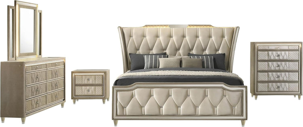 Coaster Home Furnishings - Lorient - Wood - 5-Piece Bedroom Set with LED Wingback Bed, USB Port, Traditional Style and Tufted Crown Details - Bedroom - Queen Size - Ivory and Camel - 222661Q-S5