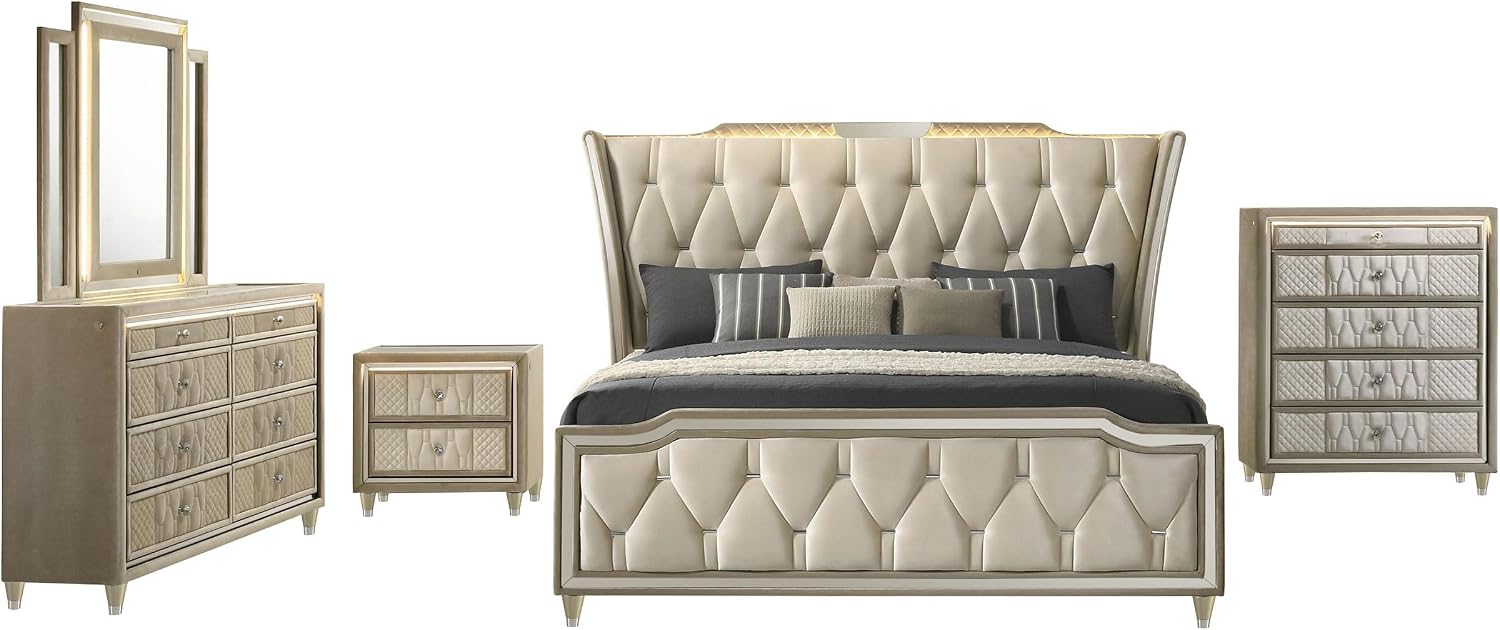 Coaster Home Furnishings - Lorient - Wood - 5-Piece Bedroom Set with LED Wingback Bed, USB Port, Traditional Style and Tufted Crown Details - Bedroom - Eastern King Size - Ivory & Camel - 222661KE-S5
