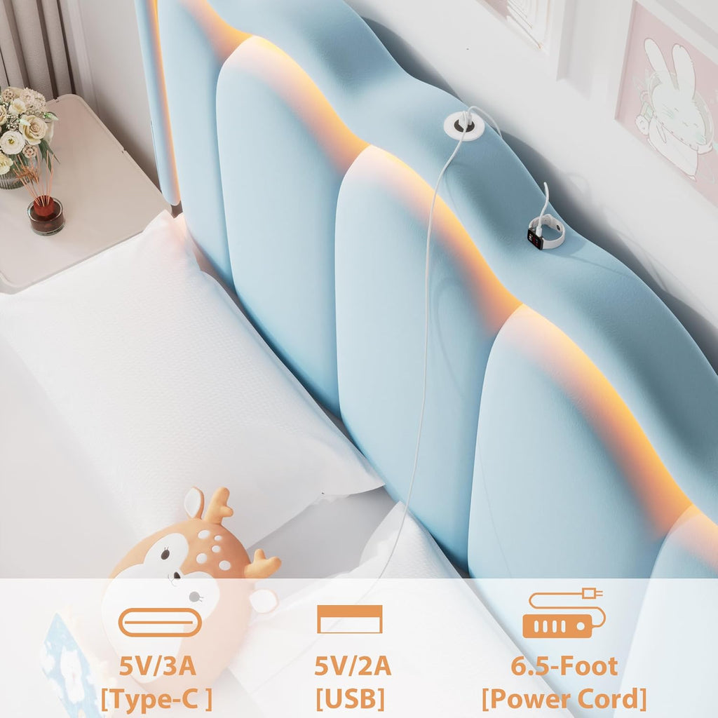 Velvet Upholstered Queen LED Bed Frame with 2 Storage Drawers and Adjustable Chic Double Wavy Headboard, Princess Platform Bed with Charing Station, Solid Wood Slats Support,No Box Spring Needed,Blue