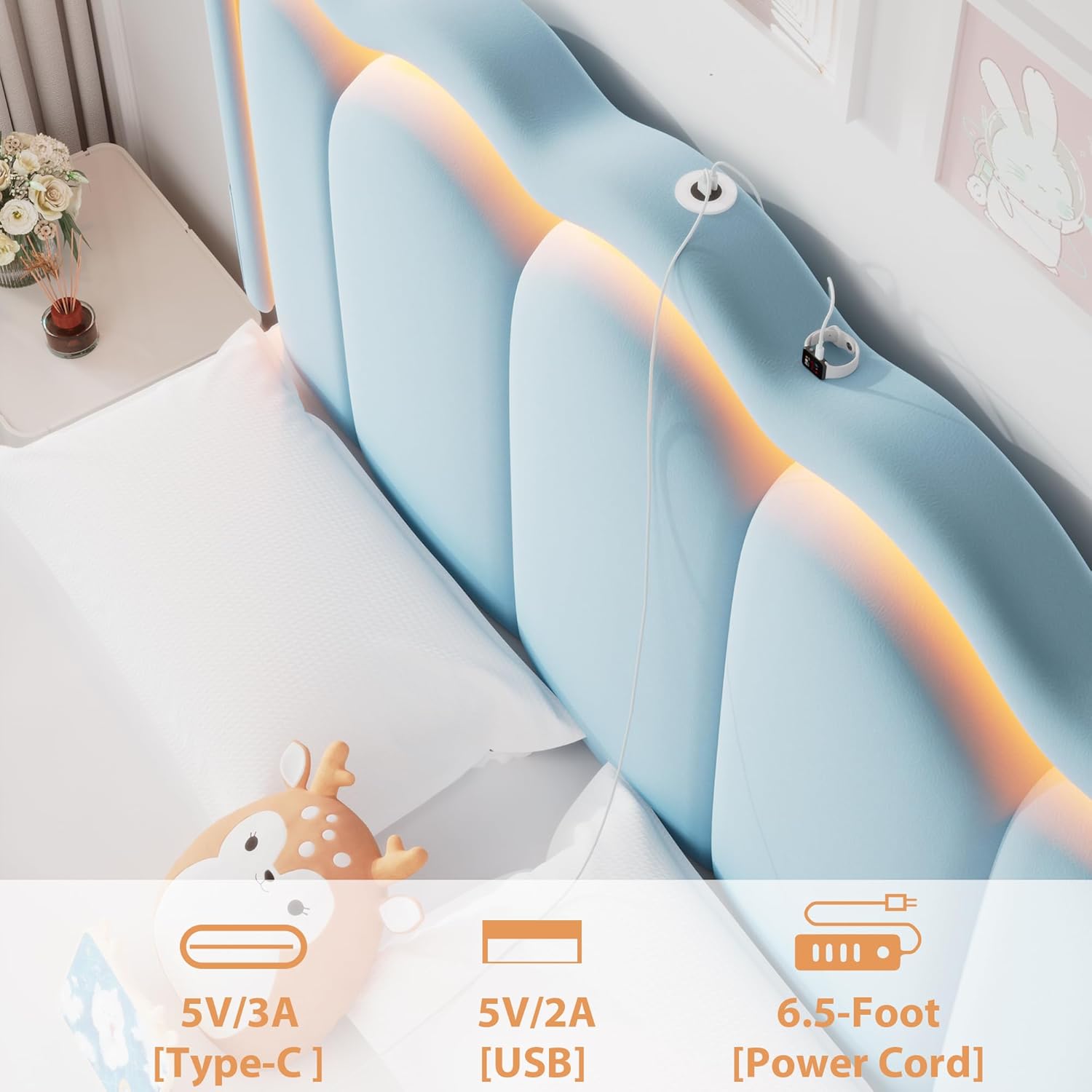 Velvet Upholstered Queen LED Bed Frame with 2 Storage Drawers and Adjustable Chic Double Wavy Headboard, Princess Platform Bed with Charing Station, Solid Wood Slats Support,No Box Spring Needed,Blue