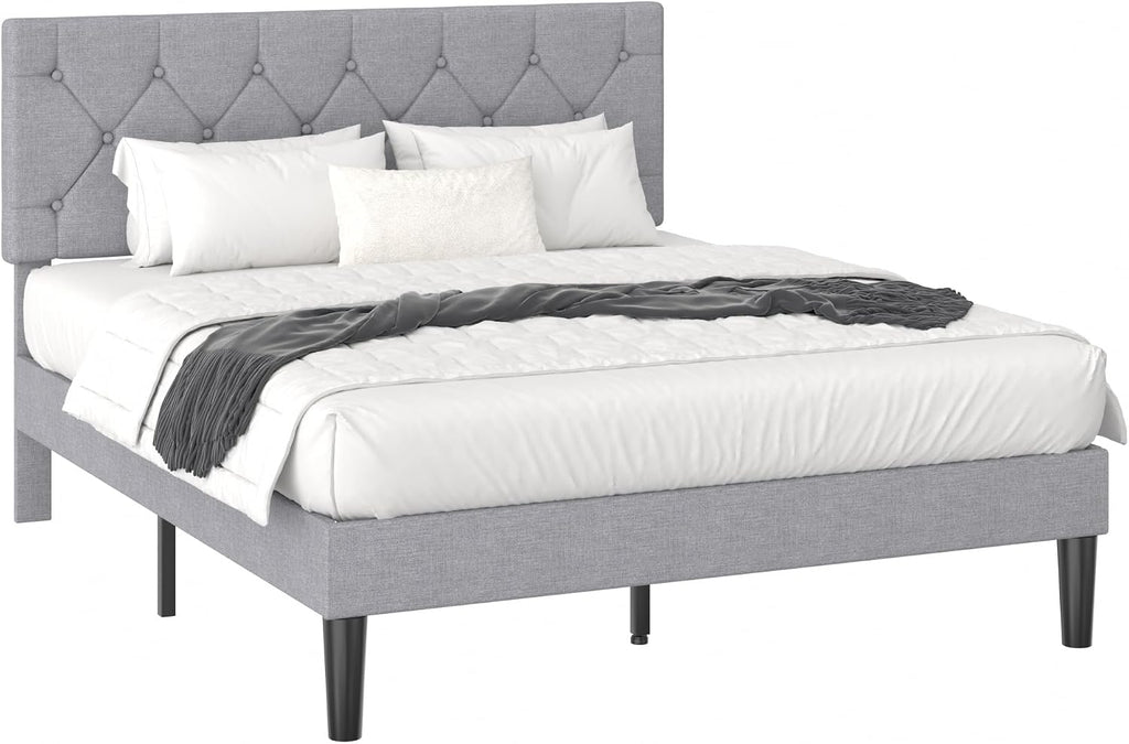 VECELO Full Size Bed Frame with Button Tufted Headboard, Upholstered Platform Bedframe with Wood Slat Support, No Box Spring Needed, Dark Grey