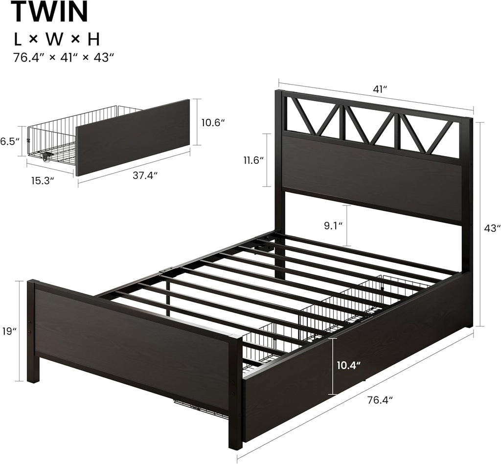 LIKIMIO Twin Bed Frames with 2 Storage Drawers, Charging Station and LED Lights, Platform Twin Bed with Headboard, Strong Metal Slats, No Box Spring Needed, Easy Assembly, Noise-Free, Black