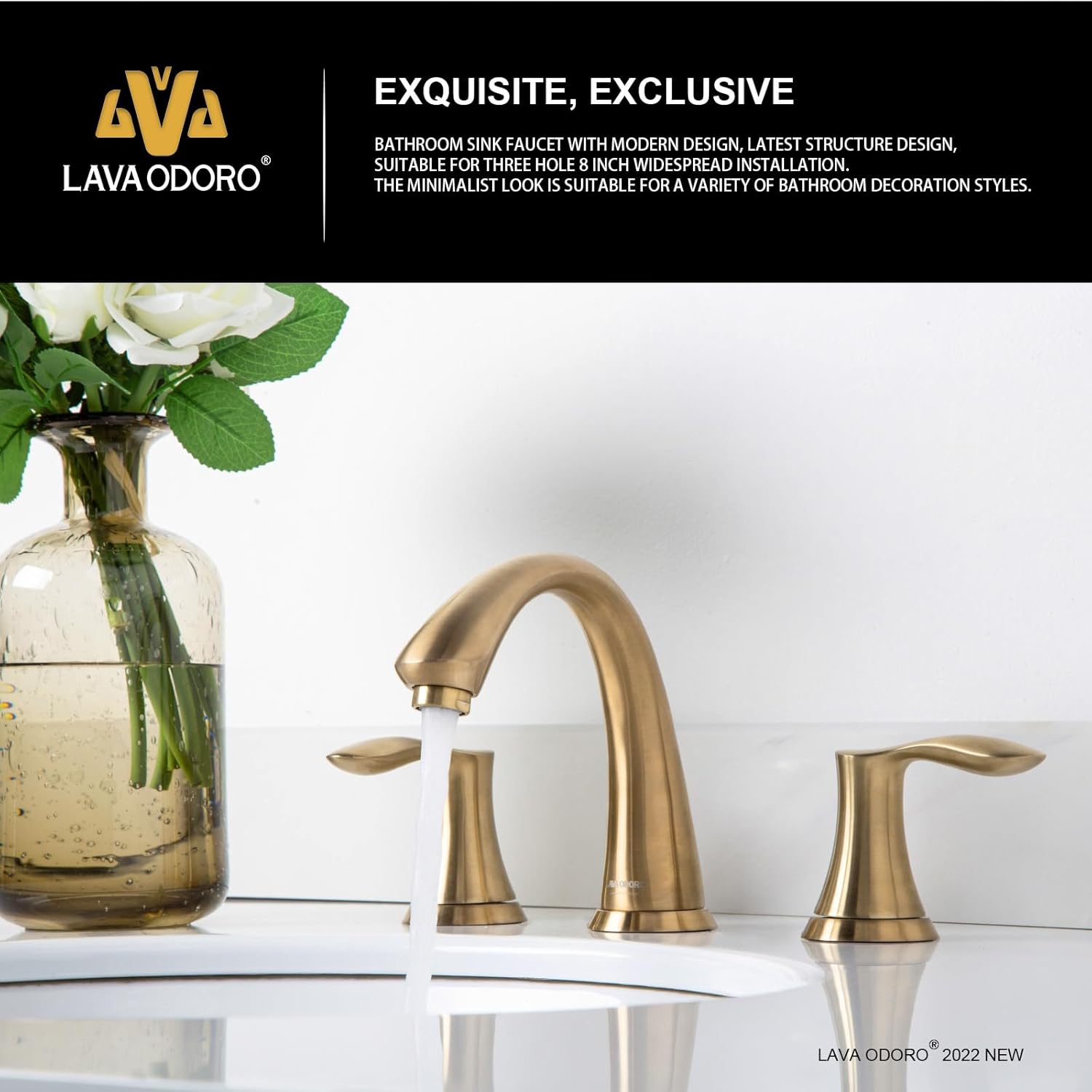 Lava Odoro Valenvoir Gold Bathroom Faucet for Sink 3 Hole, Bronze Gold 8 inch Widespread Bathroom Faucet 2 Handle Bathroom Sink Faucet for Vanity with Drain Assembly Supply line, BF405-BB
