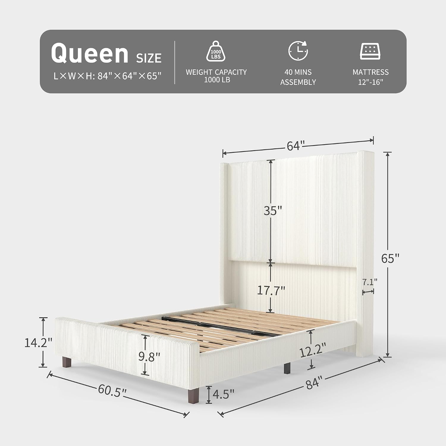 Queen Size 65.2' Tall Upholstered Bed Frame with USB Charging Station,Soft Washable Corduroy Cover with Wingback Headboard, Solid Wood Legs/Noise-Free/No Box Spring Needed/Beige