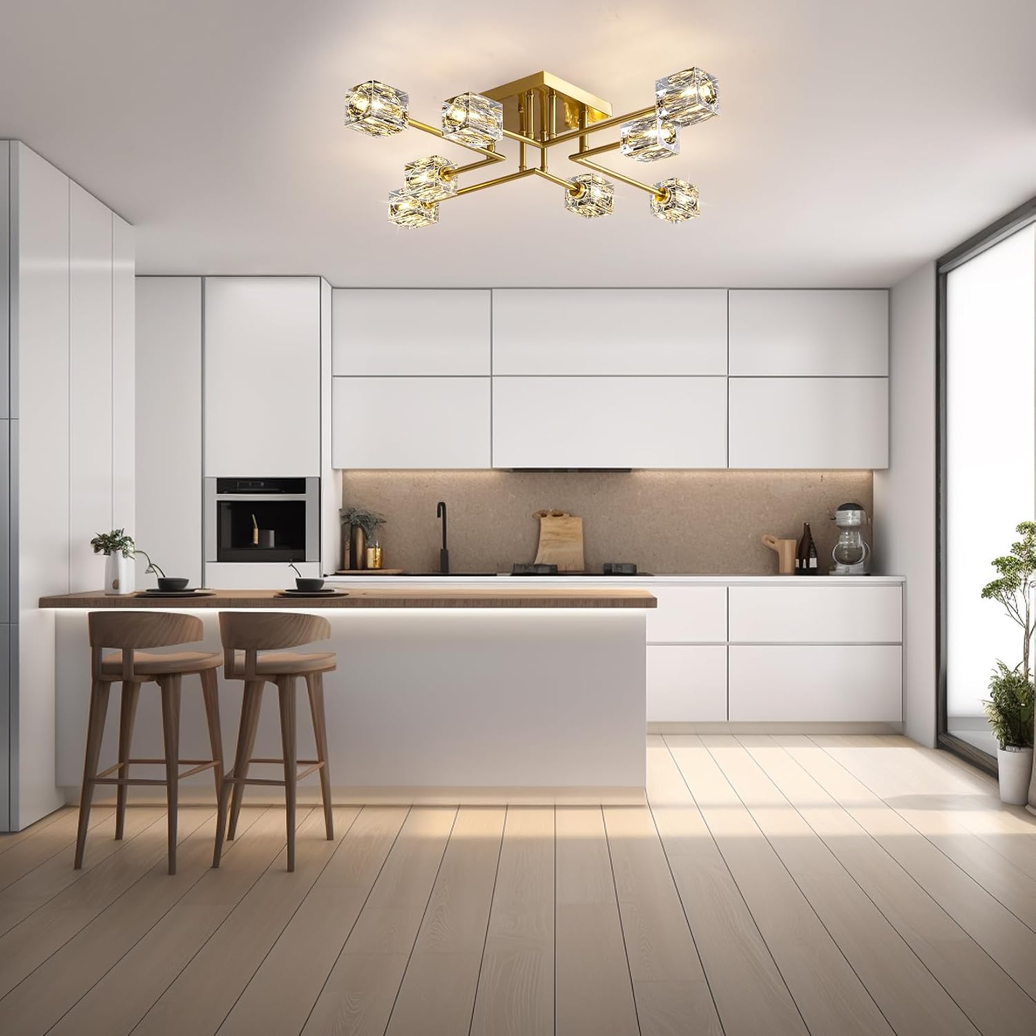Modern Crystal Ceiling Light,Semi Flush Mount Ceiling Light Fixture with 8-Lights,Gold Sputnik Chandeliers for Bedroom,Dining Room,Farmhouse Kitchen,Office,Living Room