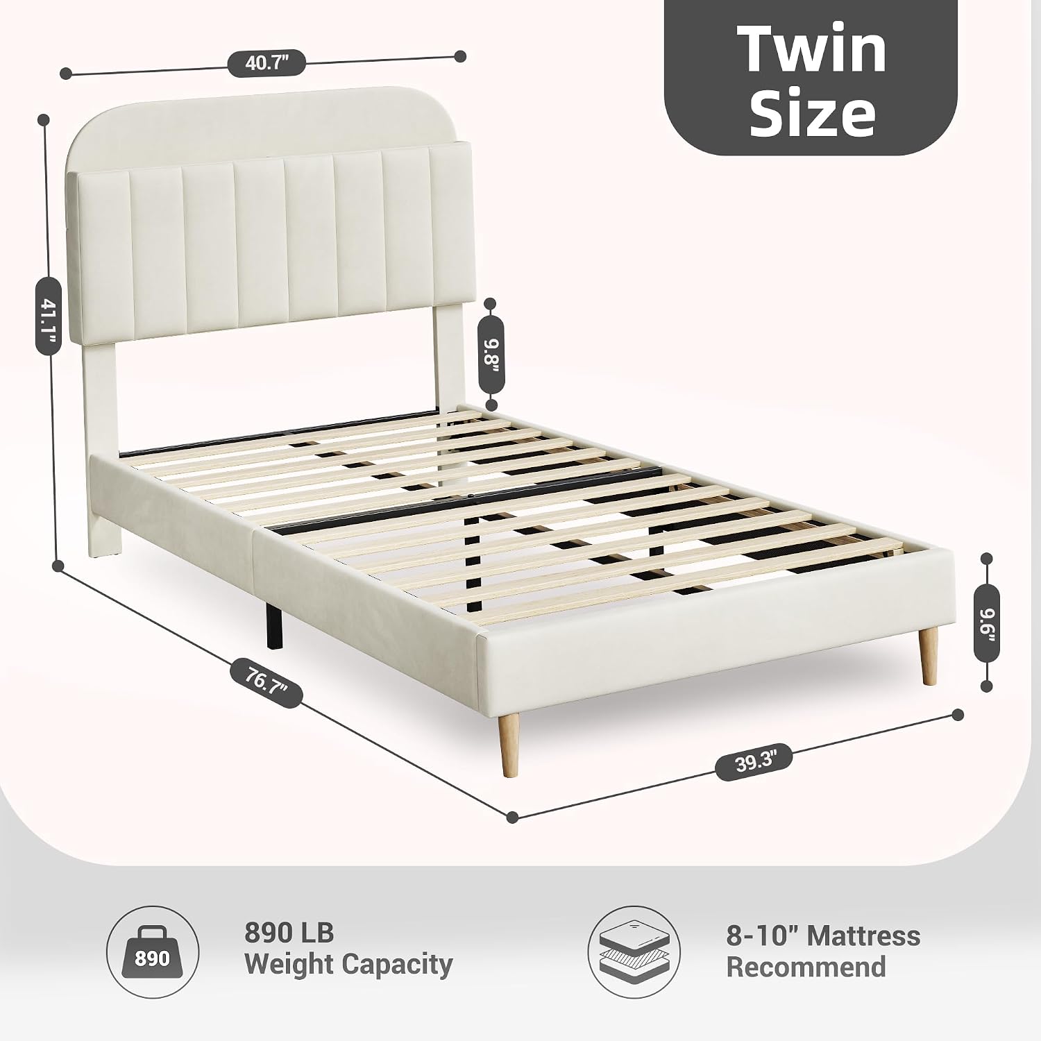 IDEALHOUSE Twin Bed Frames, Upholstered Platform Bed Frame with Bookcase Headboard, Velvet Platform Bed Mattress Foundation, Heavy Duty Steel Support Legs, Easy Assembly, Noise Free, Cream White