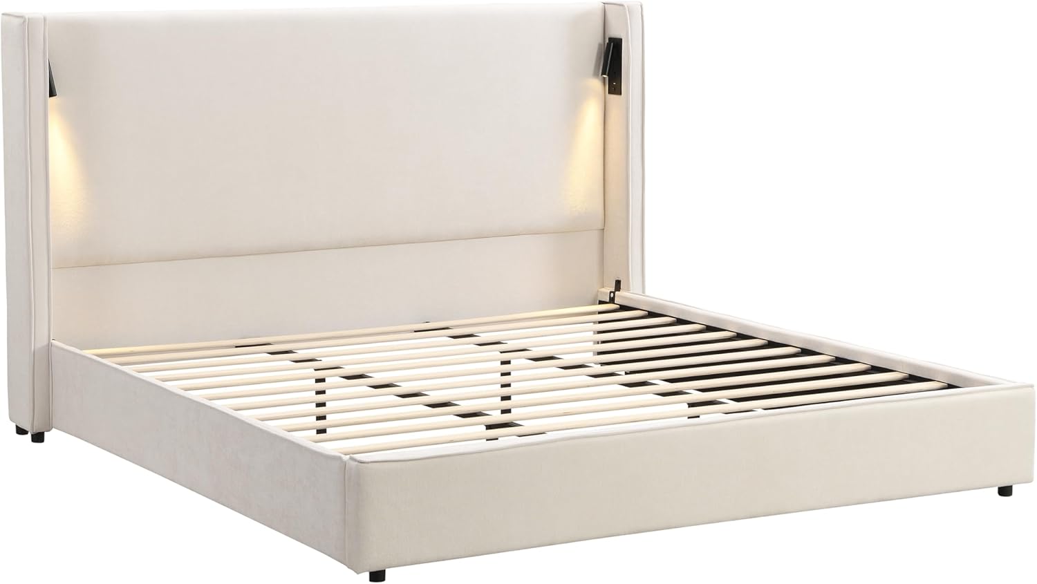 Christopher Knight Home Hazel 49.20' H King Headboard Bed, Upholstered King Size Bed, Slats Panel Support Platform, No Spring Box Needed, Wingback Headboard with Reading Lamps and USB, Beige