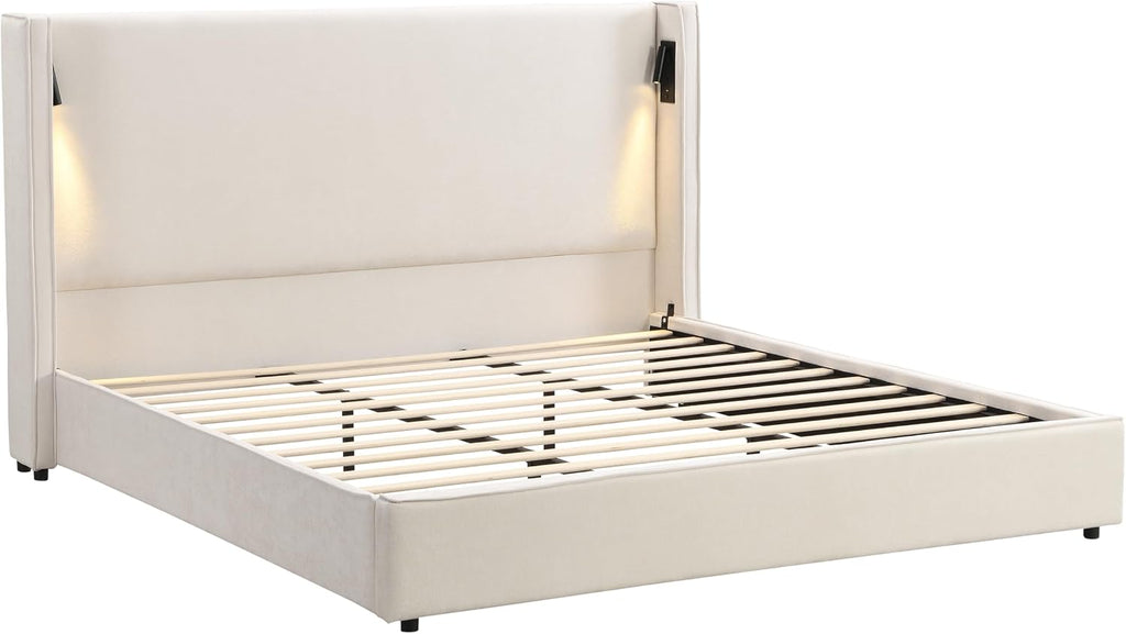 Christopher Knight Home Hazel 45.70'H California King Bed Frames, Linen Upholstered Cal King Bed Frame, Slats Panel Support, No Spring Box Needed, Wingback Headboard with Reading Lamps and USB, Beige