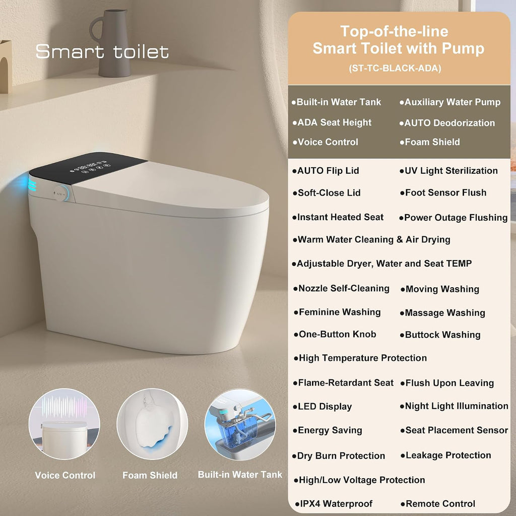 Smart Toilet with Built in Bidet, One Piece Bidet Toilet with Heated Seat, Warm Sprayer & Drying, Water Tank with Auxiliary Pump, Foam Sheild Deodorization, Voice Control, Black