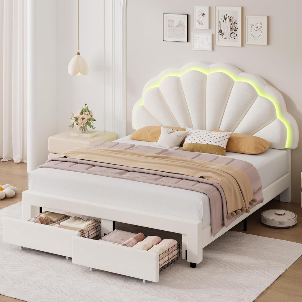 HIFIT Full Upholstered LED Bed Frame with 2 Storage Drawers and Adjustable Chic Double Petal Headboard, Soft Velvet Princess Platform Bed for Girls, Solid Wood Slat Support/No Box Spring Needed, Beige