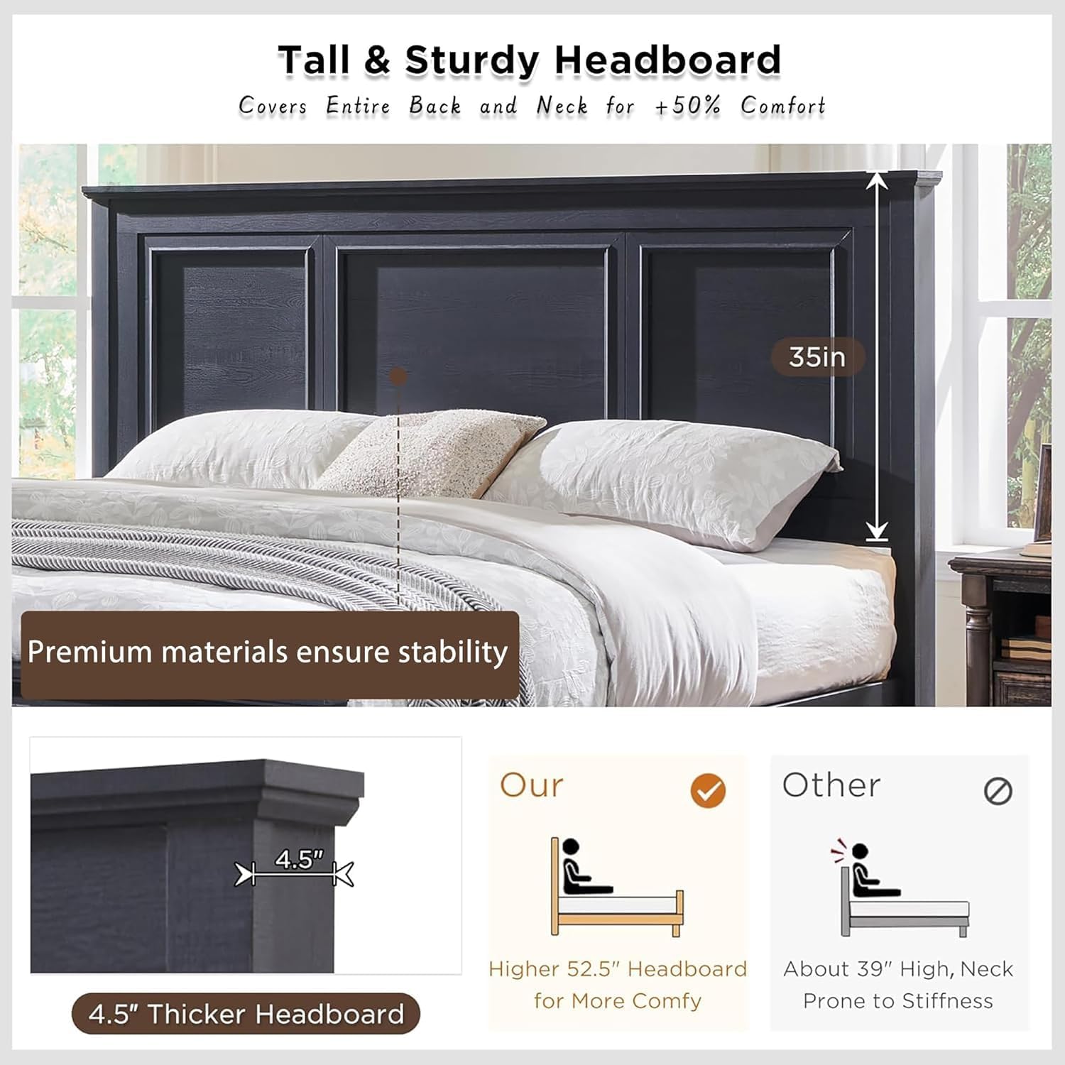 JXQTLINGMU Farmhouse Queen Wood Bed Frame with 52' Tall Headboard & 20' H Footboard, Platform Bedframe with Hidden Storage Drawers, Noiseless, No Box Spring Required, Black
