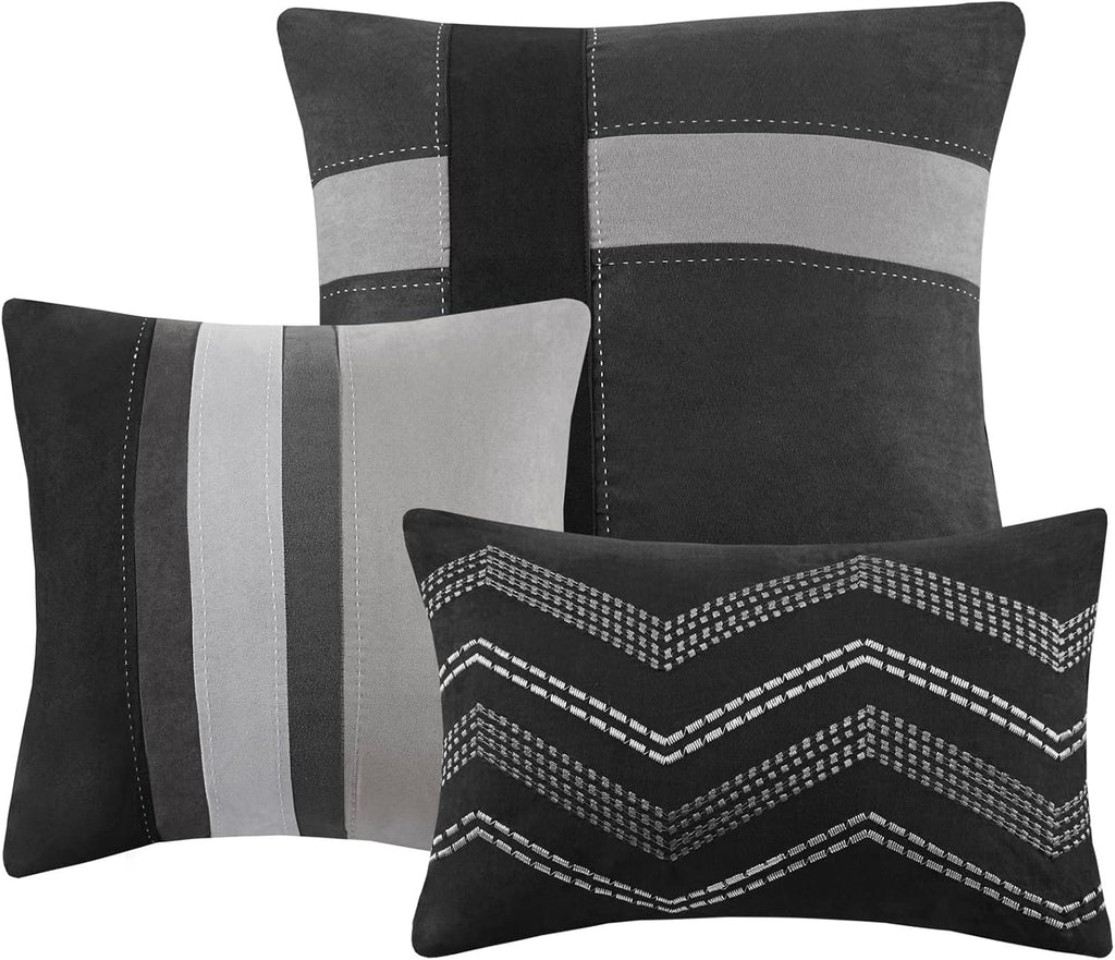 Madison Park Palisades Comforter Set Modern Faux Suede Pieced Stripe Design, All Season Down Alternative Cozy Bedding with Matching Shams, Decorative Pillows, King(104'x92'), Black 7 Piece