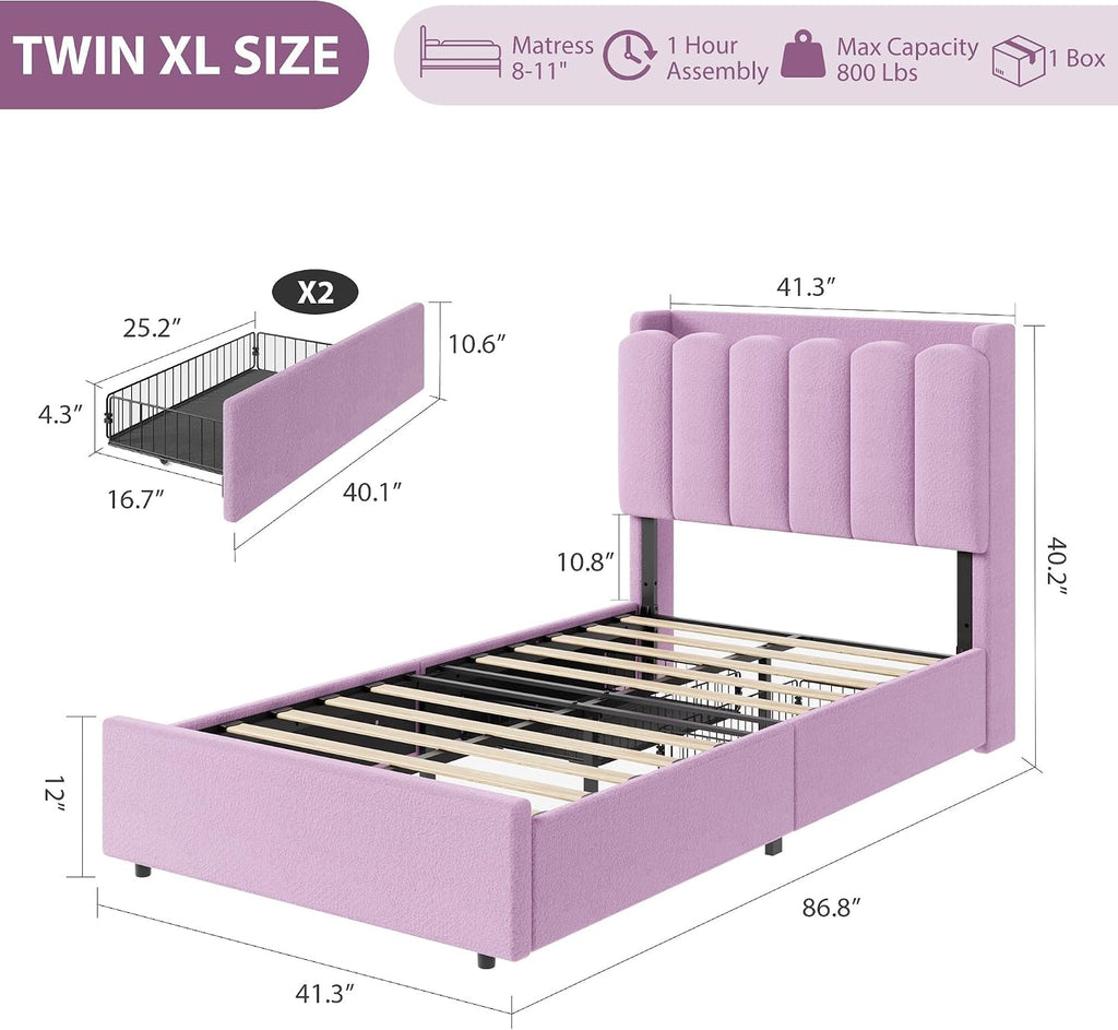 Garvee LED Twin Size Bed Frame with Storage Headboard, Kids Bed Frame with 2 Drawers, Boucle Upholstered Platform Bed for Girls, Chic Wavy Headboard with Bookcase, No Box Spring Needed, Purple