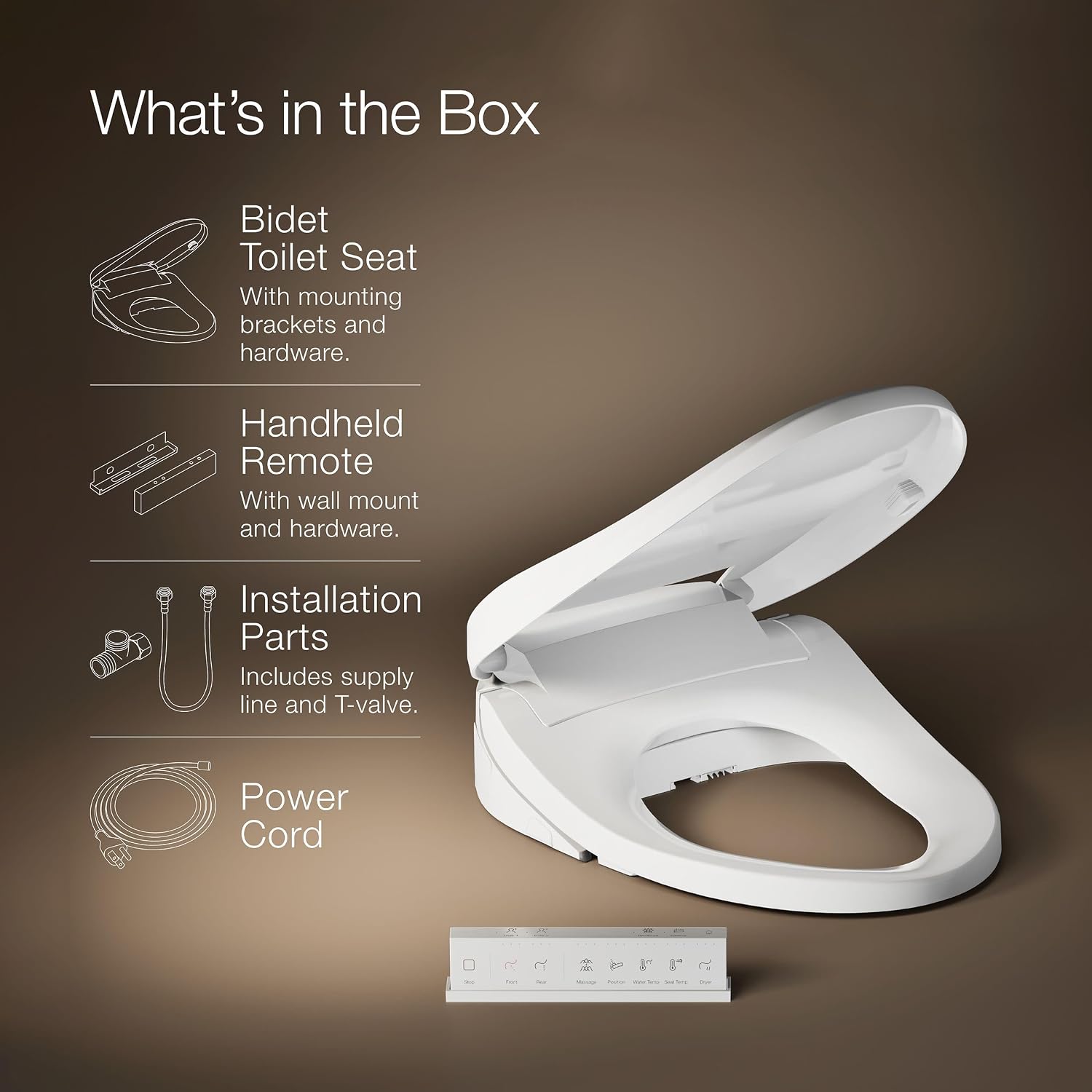Kohler PureWash E820 Elongated Heated Bidet Toilet Seat, White with Remote Control, Quiet-Close Lid, Automatic Deodorization, Warm Water, Self-Cleaning Wand, Adjustable Water Pressure and Nightlight