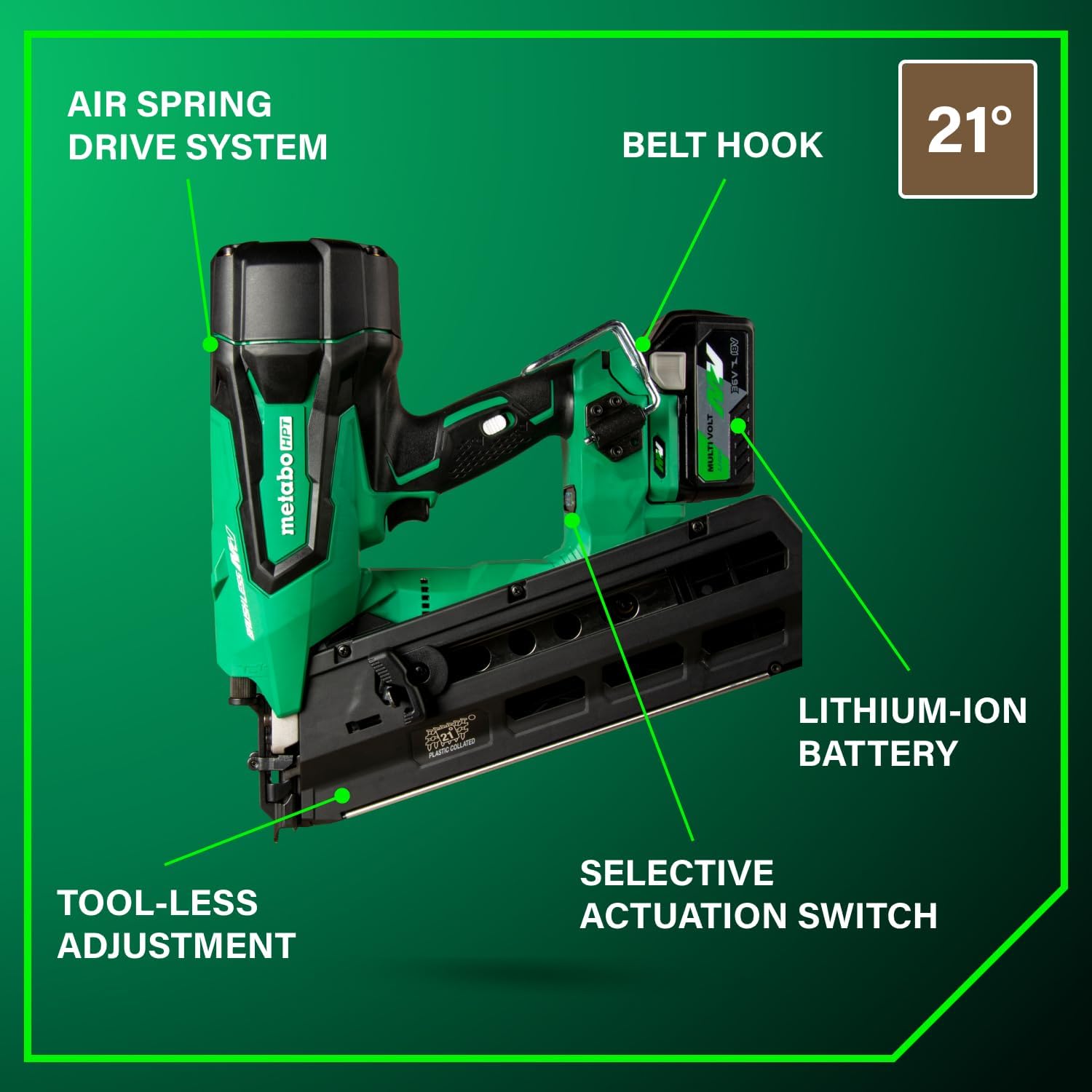 Metabo HPT 36V MultiVolt Cordless Plastic Strip Framing Nailer Kit, 21 Degree Framing Nailer with Power Tool 2.5Ah Lithium Ion Battery, Drives 2' to 3-1/2' Nails, NR3690DR