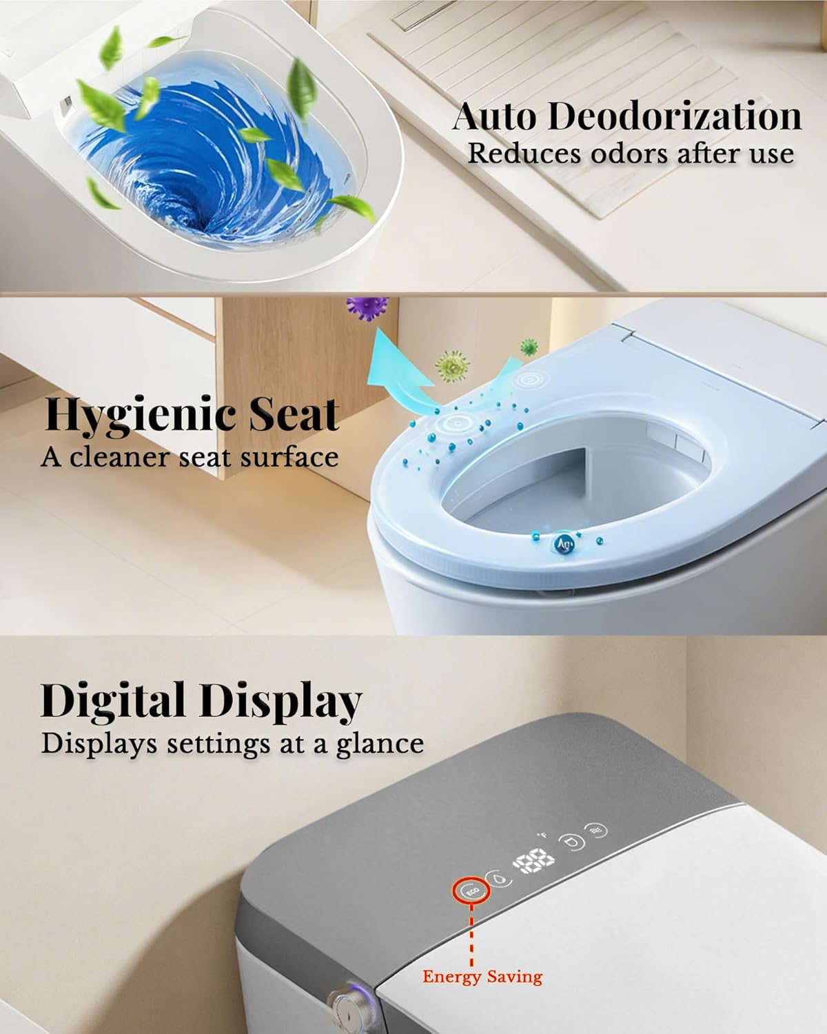 EchosLife Luxury Smart Toilet with Bidet Built In, Auto Open/Close Lid & Seat, Blackout Flush, Foam Shield, Odor Control, ADA Comfort Height One Piece Elongated Toilet, Tank Built-In, Heated Seat