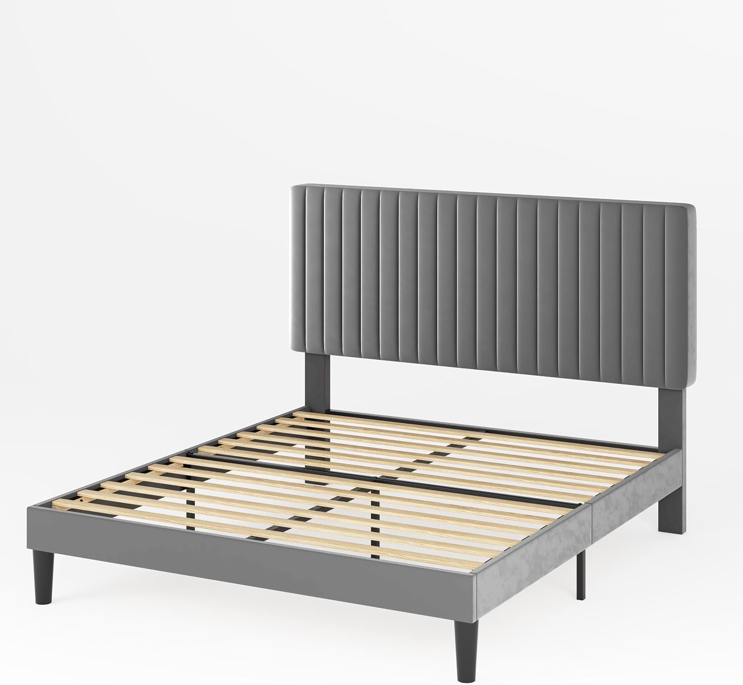 Allewie Full Bed Frame, Velvet Upholstered Platform Bed with Adjustable Vertical Channel Tufted Headboard, Mattress Foundation with Strong Wooden Slats, Box Spring Optional, Easy Assembly, Grey