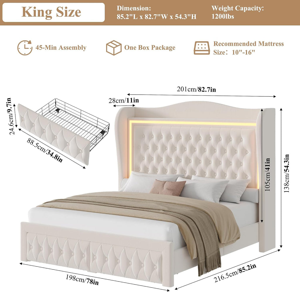 King Bed Frame 55' Tall Headboard with LED Lights, Buttons Tufted Velvet Upholstered Platform Bed Frame with 2 Storage Drawers, Wood Slats Support Mattress Foundation, No Box Spring Needed, Beige