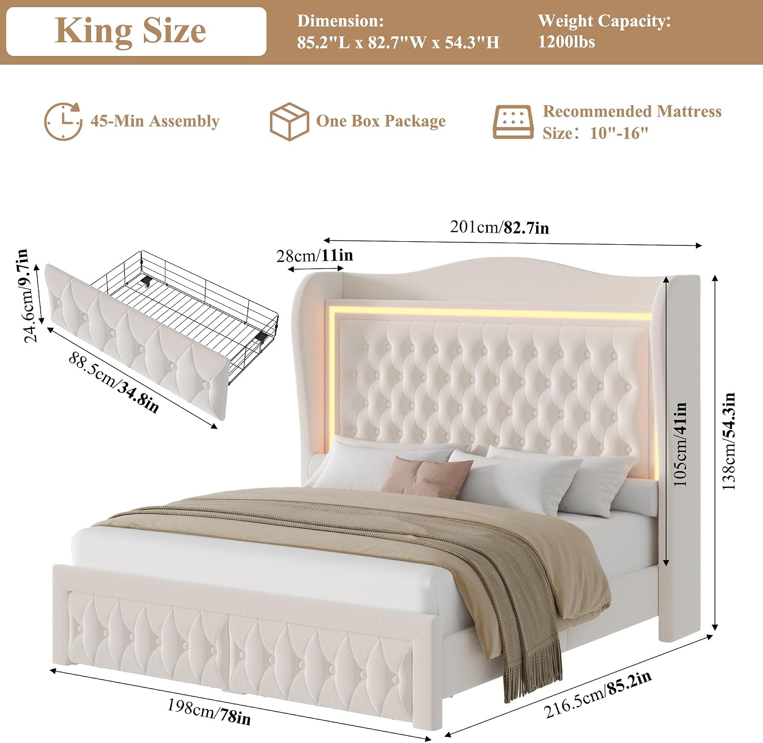 King Bed Frame 55' Tall Headboard with LED Lights, Buttons Tufted Velvet Upholstered Platform Bed Frame with 2 Storage Drawers, Wood Slats Support Mattress Foundation, No Box Spring Needed, Beige