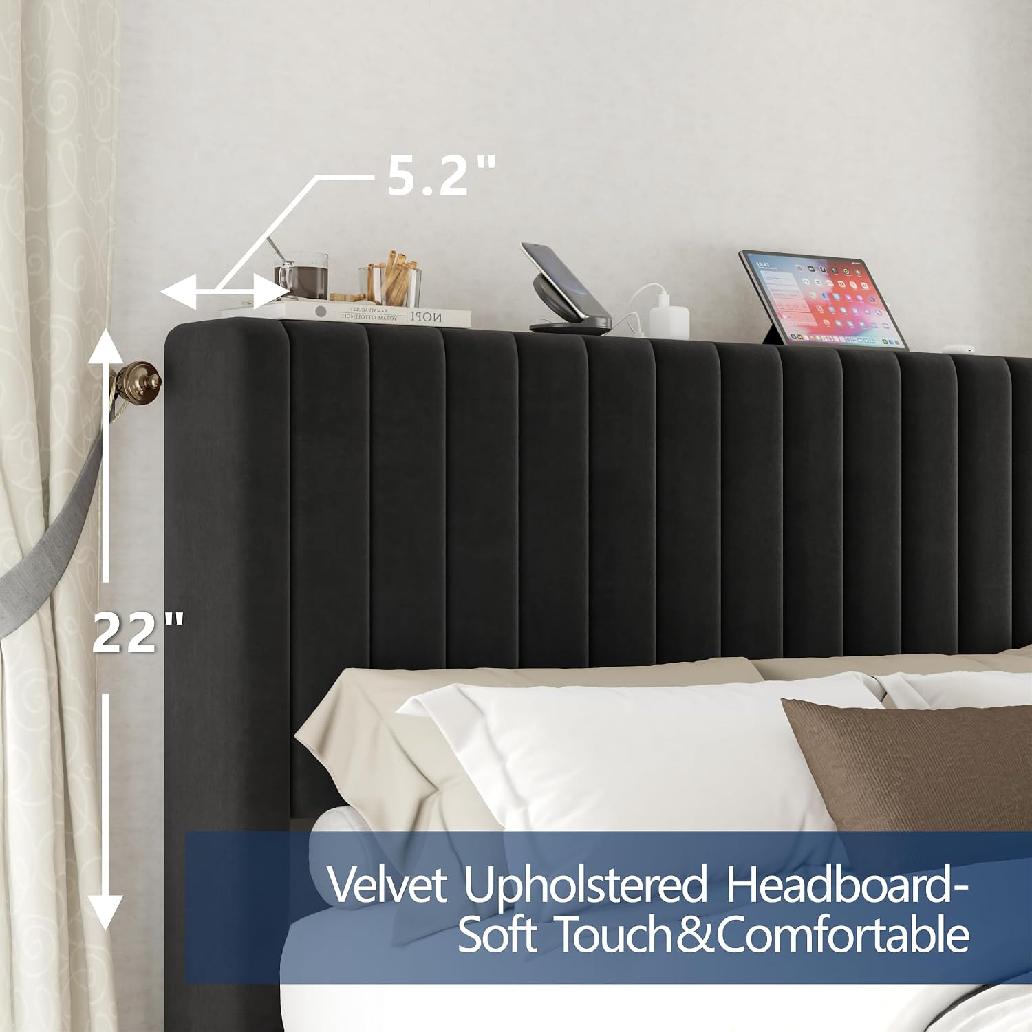 VanAcc Queen Size Bed Frame, Velvet Upholstered Platform Bed with Channel Tufted Headboard, Mattress Foundation with Wood Slats, No Box Spring Needed, Noise Free, Black