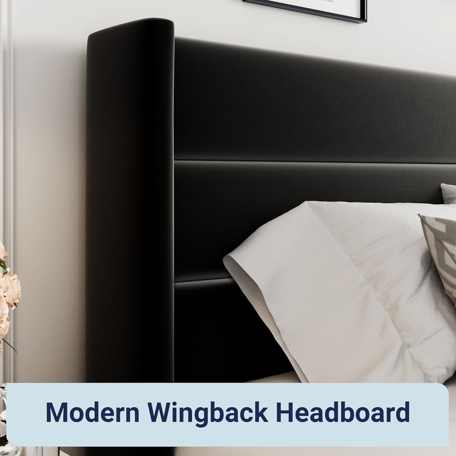 Allewie Full Size Velvet Lift Up Storage Bed, Modern Wingback Headboard, Hydraulic Support, No Box Spring Needed, Black