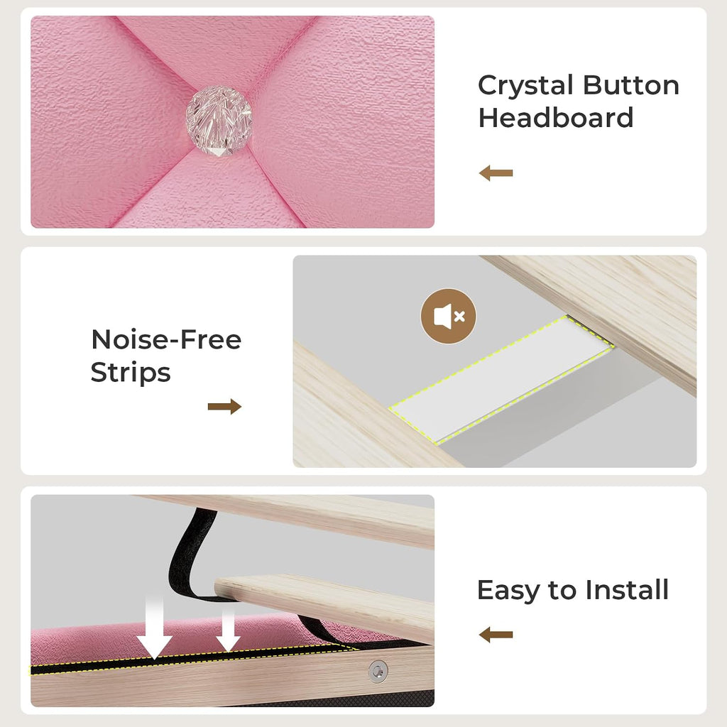 HAUOMS Twin Size Bed Frame with LED Lights, Princess Velvet Upholstered Platform Bed for Girls, Headboard with Charging Station & Guardrail & Crystal Button, No Box Spring Needed, Pink