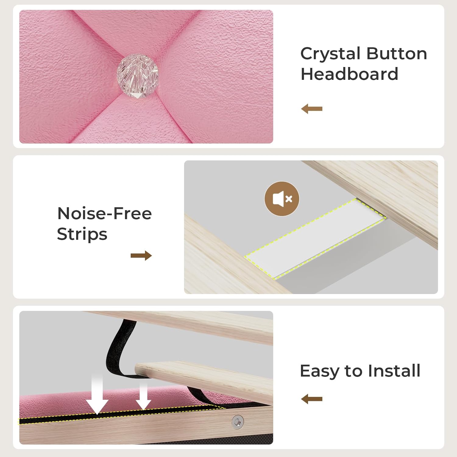 HAUOMS Full Bed Frame with LED Lights, Princess Velvet Upholstered Platform Bed for Girls, Headboard with Charging Station & Guardrail & Crystal Button, No Box Spring Needed, Pink