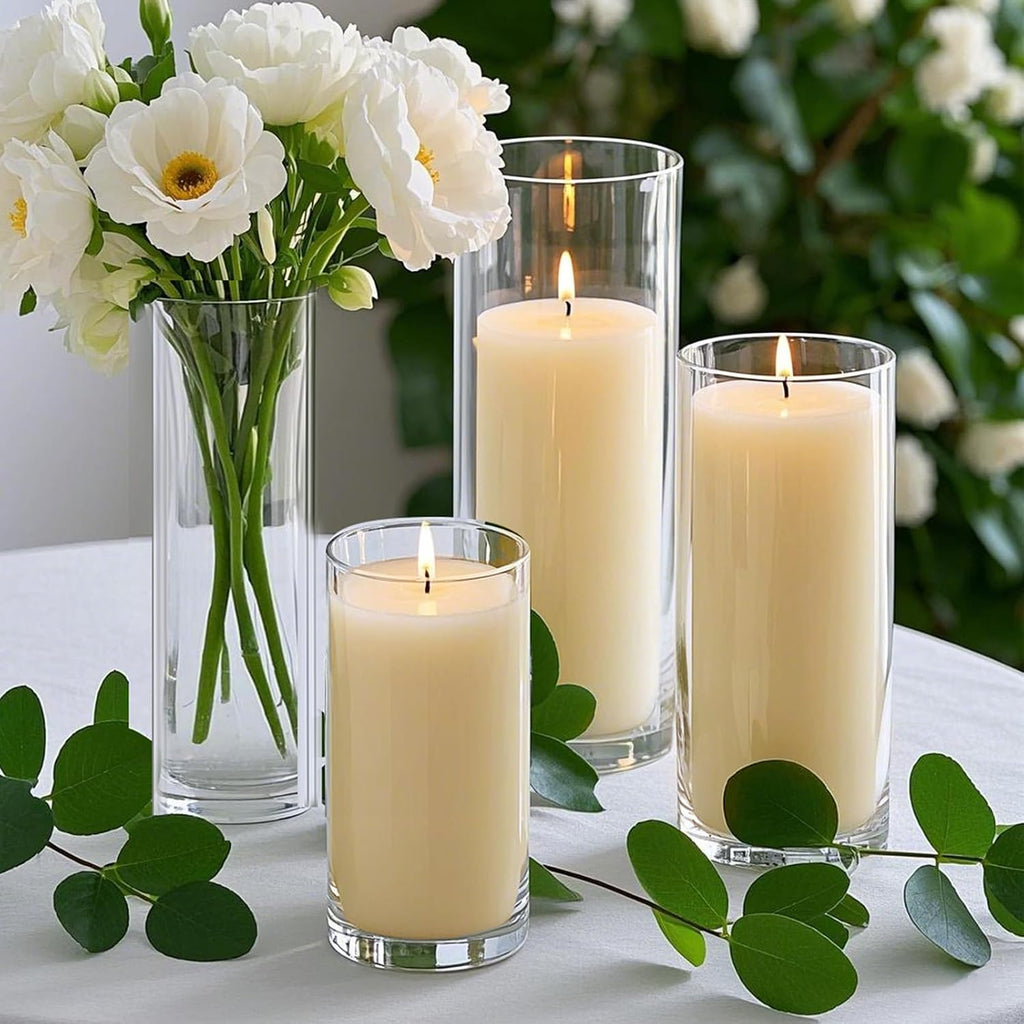 36 PCS Ivory White Pillar Candles with Glass Candle Holders Clear Hurricane Candle Holders Glass Cylinder Vases for Centerpieces Wedding Party, Event, Home Office (18 Candles+18 Candle Hoders)