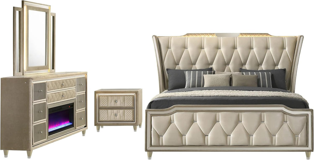 Coaster Home Furnishings - Lorient - Wood - 4-Piece Bedroom Set with Tufted LED Wingback Bed, USB Port, Traditional Style and Flame Visualizer - Bedroom - Queen Size - Ivory and Camel - 222661Q-S4B