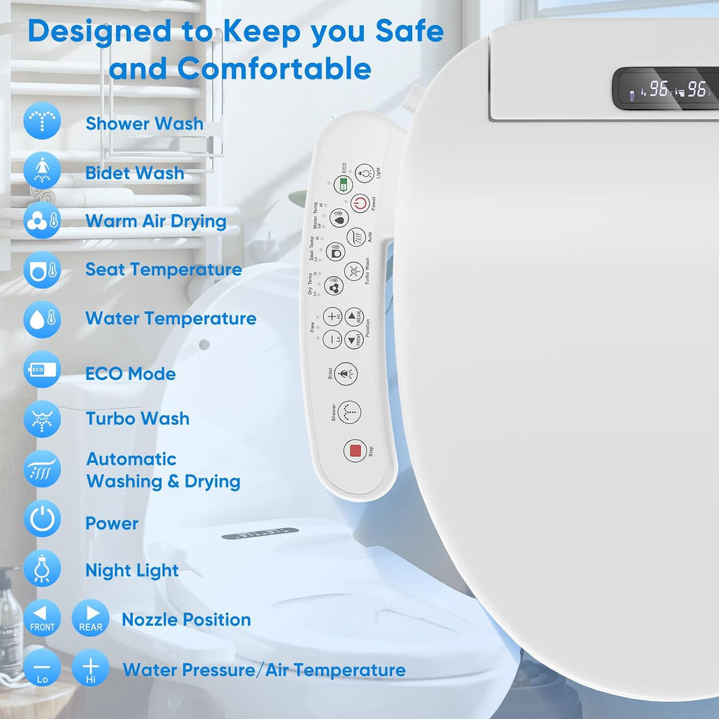 Upgrade Bidet Toilet Seat Elongated, Rear and Feminine Wash, Unlimited Warm Water, Heated Seat, Warm Air Drying, Soft Close Lid Upgraded Bidet Toilet