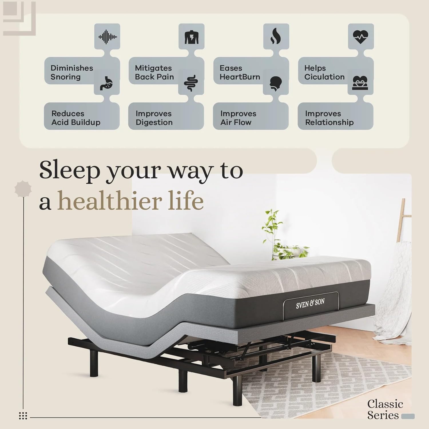 Sven & Son Classic Adjustable Bed Base, Head and Foot Lift, Massage, Under-Bed Lights, USB, Gel Memory, Zero Gravity Smart Frame - Full + 12 inch Memory Foam Matt (Medium)