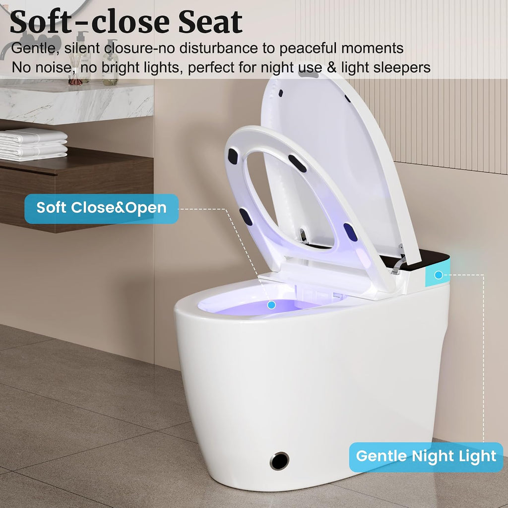 Smart Toilet with Heated Seat & Auto Flush, Electric Tankless Toilets for Bathroom Modern One Piece Toilet with Manual Soft-Close Seat & Lid, Night Light, Water-Saving Siphon Dual Flush