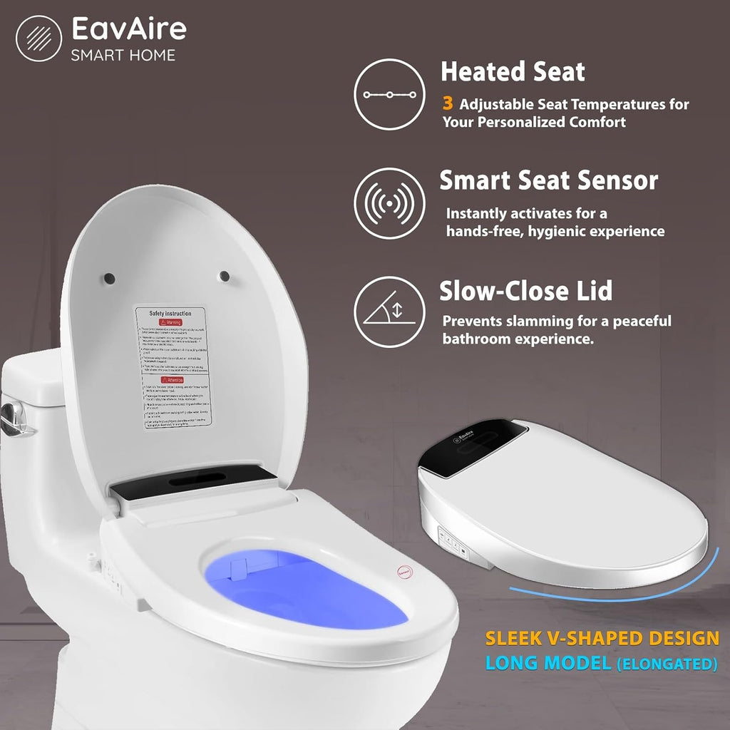 Electric Smart Toilet Seat Bidet with Slow Close Lid Cover, Instant Heated Seat, LCD, Adjustable Water Pressure & Temperature, Dual Positions, Self-Cleaning Nozzle, Night Light- Elongated