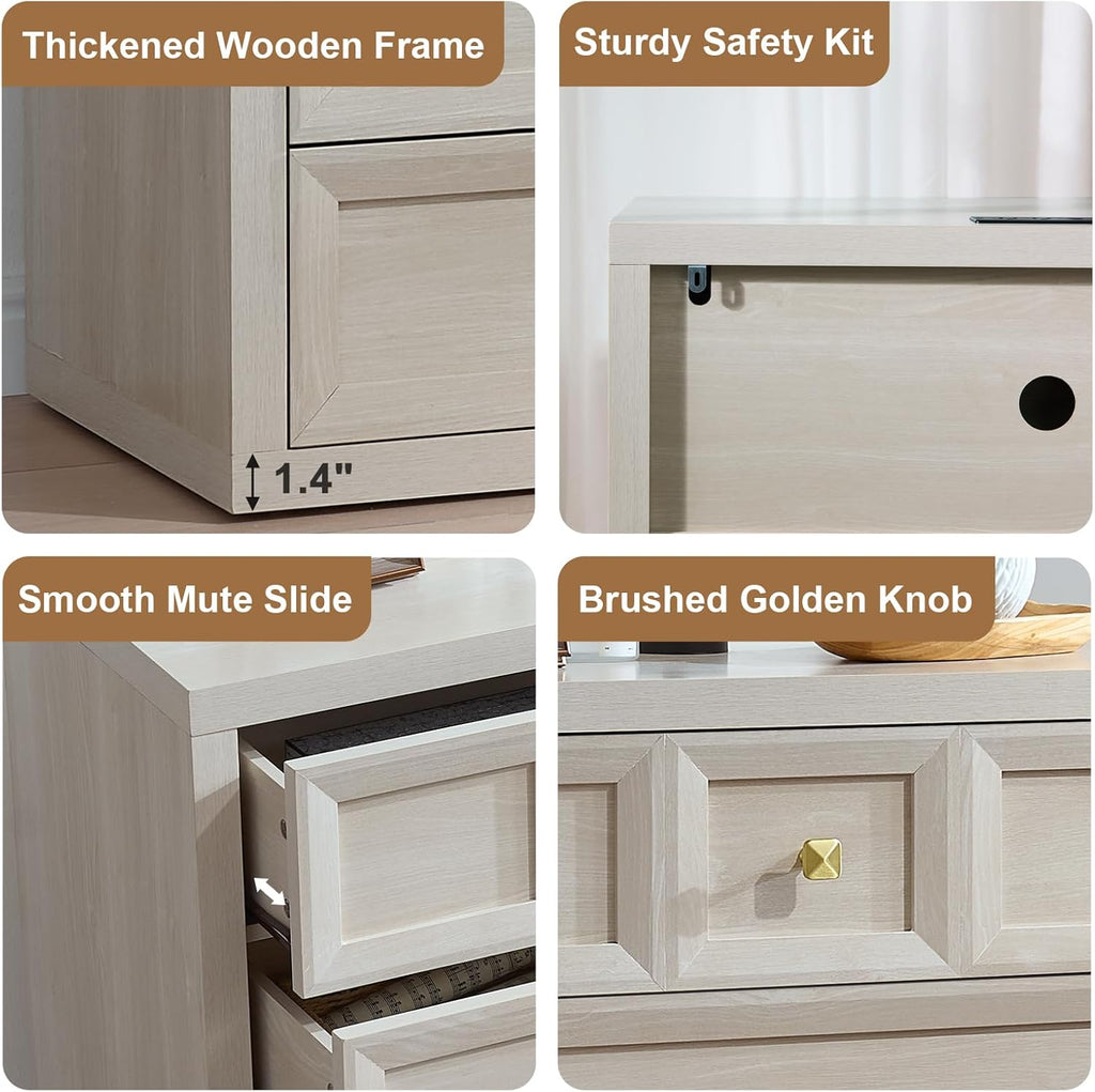 3 Drawers Nightstand Set of 2 W/Charging Station, 30.7' W King Size Bedside Table with 3 Drawers, Accent End Table W/Large Storage, Modern Wood Side Table for Bedroom,Office (2 Pieces, Beige)