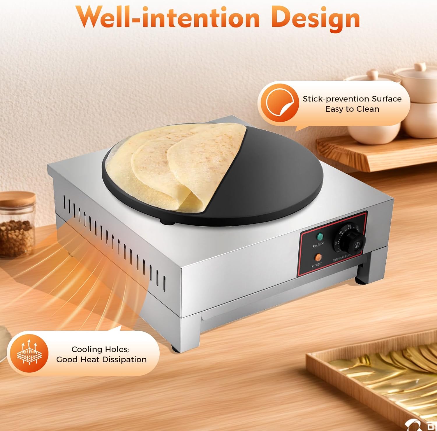 15.75 Inch Commercial Electric Crepe Maker, 1700w Non-stick Pancake Maker, 122-572℉ Adjustable Temperature Crepe Pan, Cast Iron Griddle Machine with Spatula for Home Snack Stand Dessert