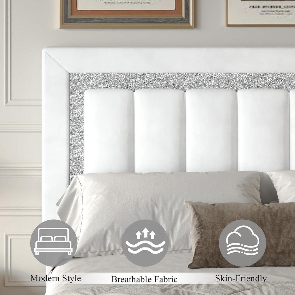 HOMBCK Twin Size Bed Frames with Headboard and Footboard, Upholstered Platform Bed with Diamond Design, Bed Frames Twin with Wooden Slats Support, No Box Spring Needed, Easy Assembly, White