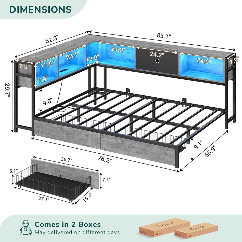 Hasuit Full Corner Bed Frame with Storage Drawers and Bookcase Headboard, Full Size Metal Platform Corner Bed Frame with Charging Station and LED Lights, Full Daybed for Kids Teens Guests, Oak Gray