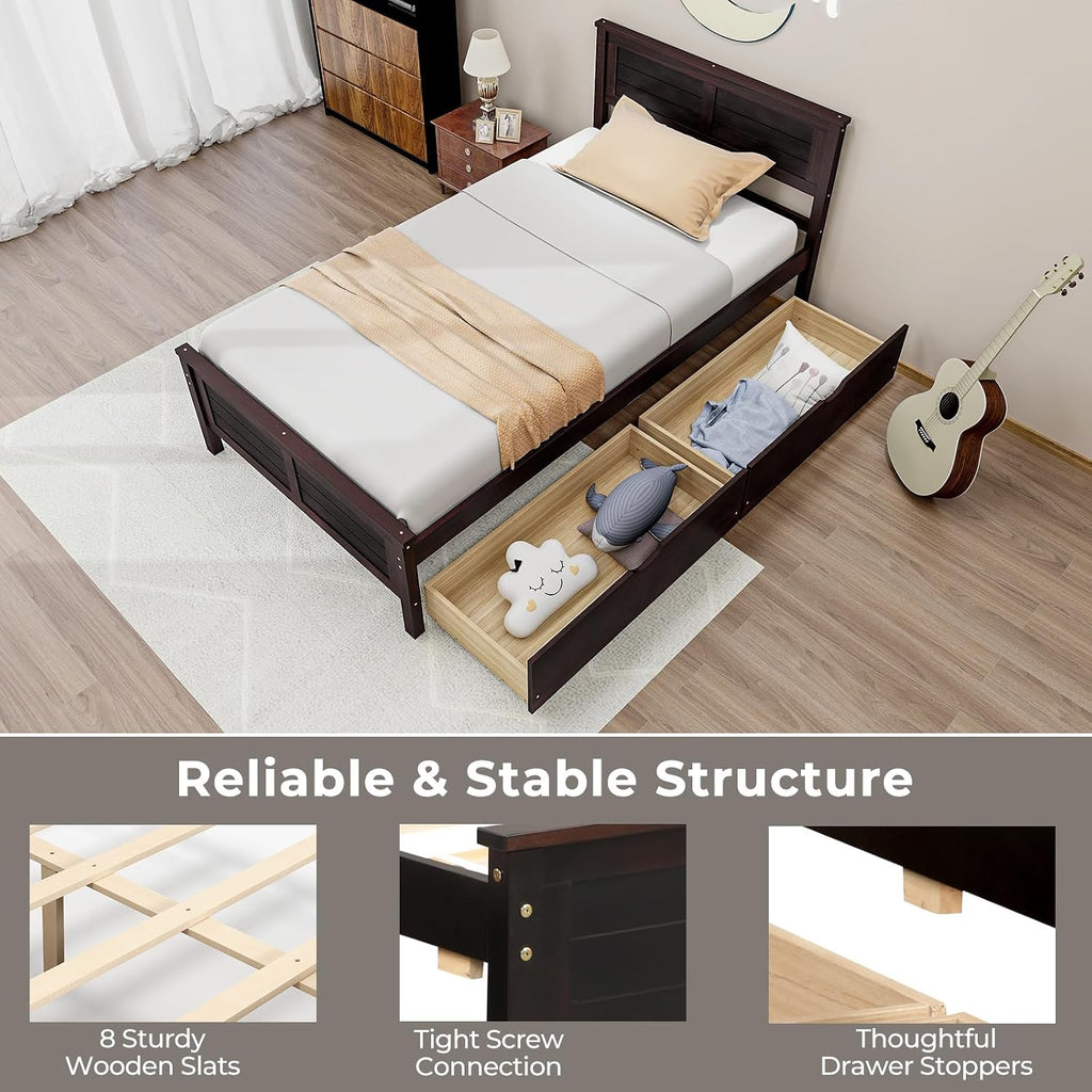 Giantex Wood Twin Bed with 2 Storage Drawers, Solid Wood Platform Bed with Headboard, Wooden Slats Support Mattress Foundation, No Spring Needed, Twin Bed Frame for Kids, Teens, Adults, Espresso