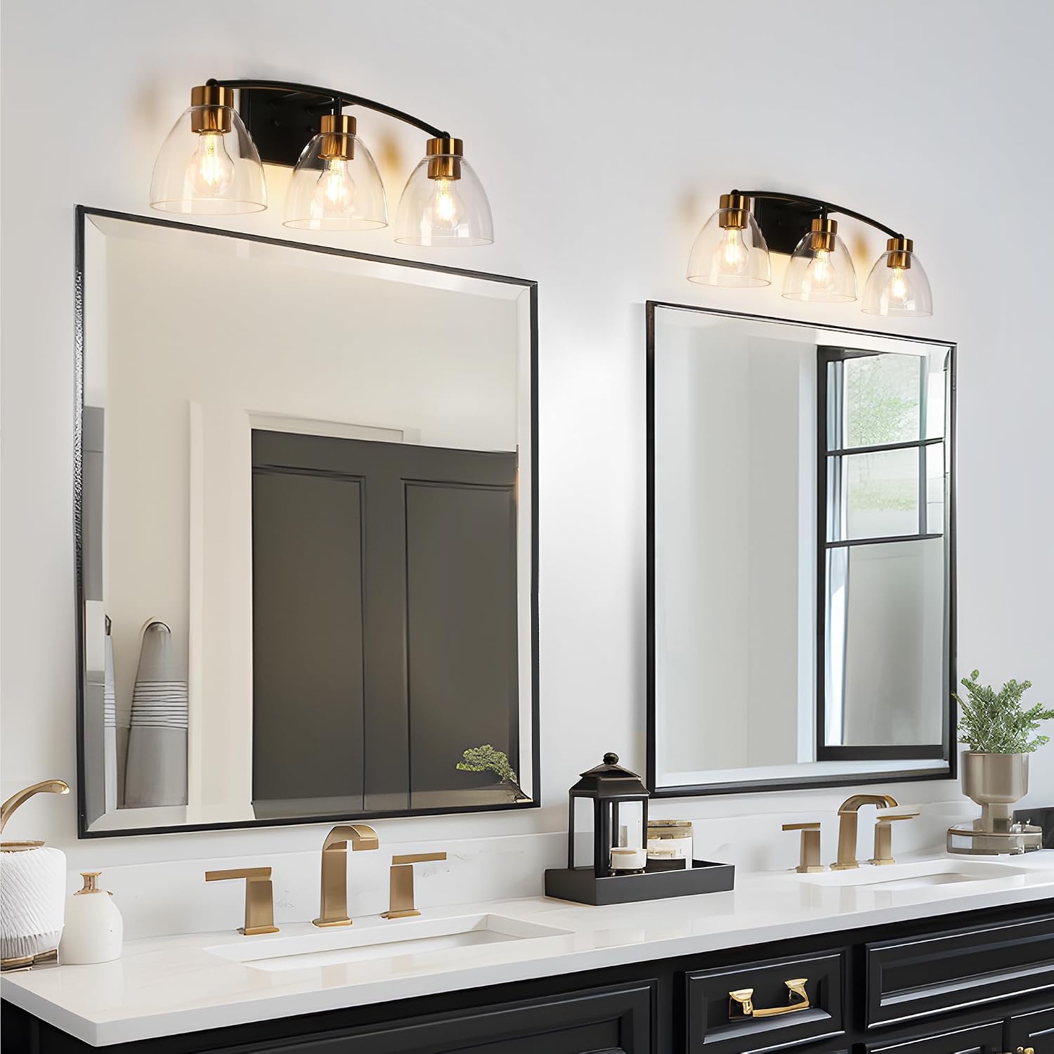 KSANA Bathroom Light Fixtures, 3-Light Black and Plating Brass Vanity Lights for Bathroom, 22.8'' Modern Farmhouse Bathroom Lighting Lights Over Mirror with Clear Glass Shade